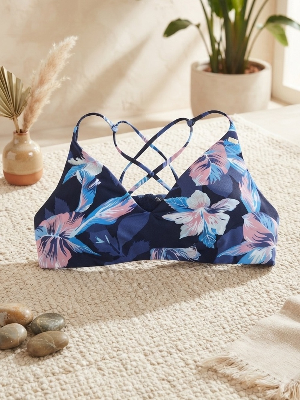 ROXY Women’s Tropical Floral Bikini Top Navy Blue Pink Bralette Criss Cross Back